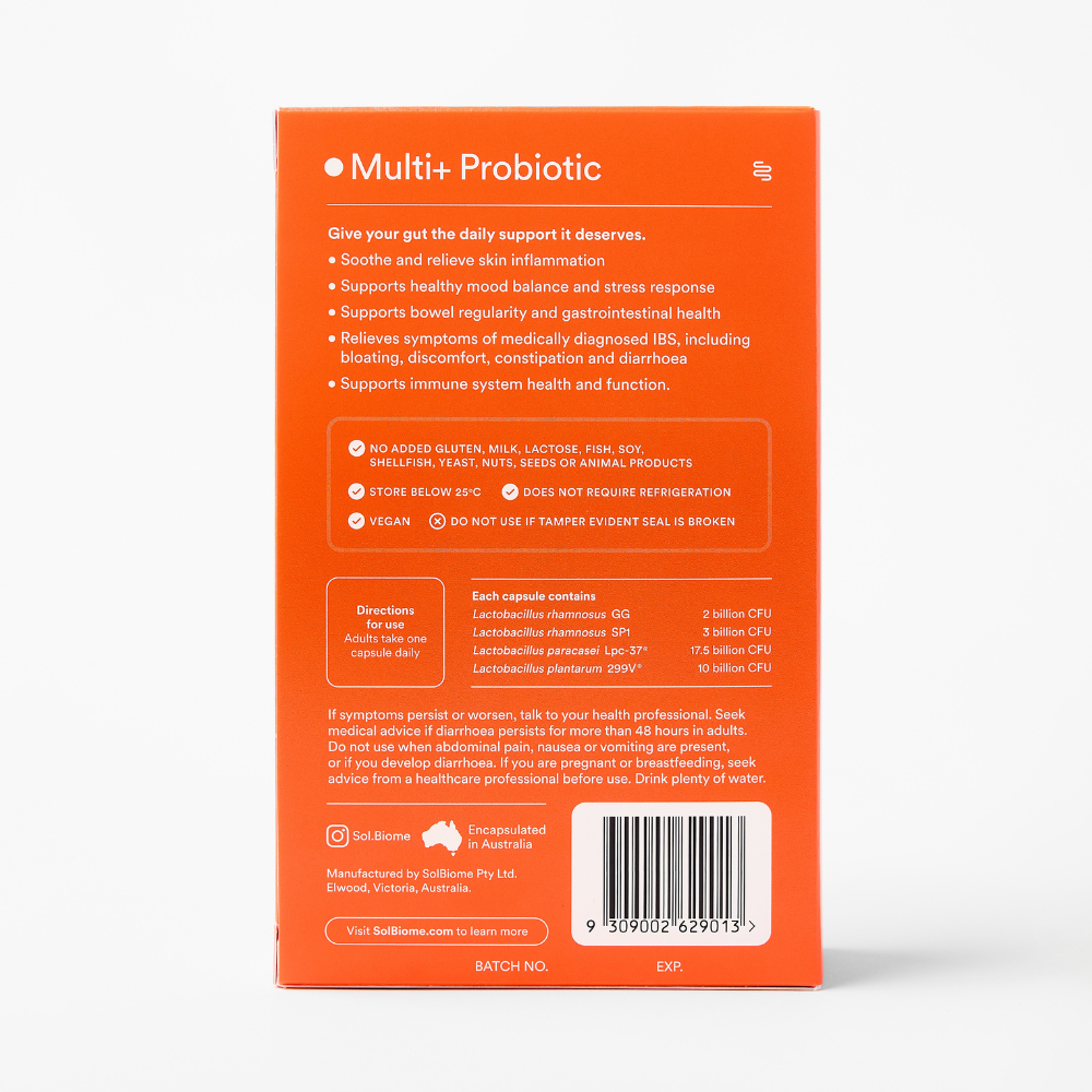 Orange packaging of Multi+ Probiotic with text and a barcode on a white background