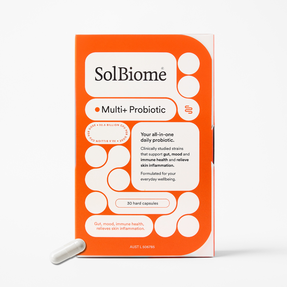SolBiome Multi+ Probiotic packaging with a white capsule on a light gray background