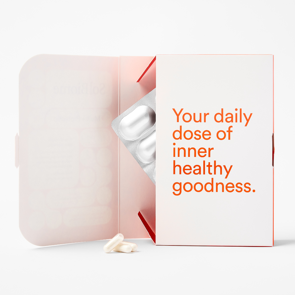 SolBiome open box with text 'Your daily dose of inner healthy goodness' on a white background