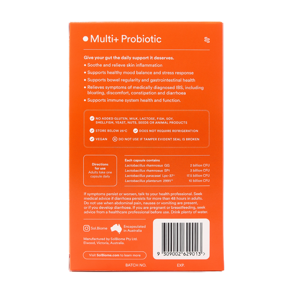Back view of a Multi+ Probiotic package with text and branding on an orange background.