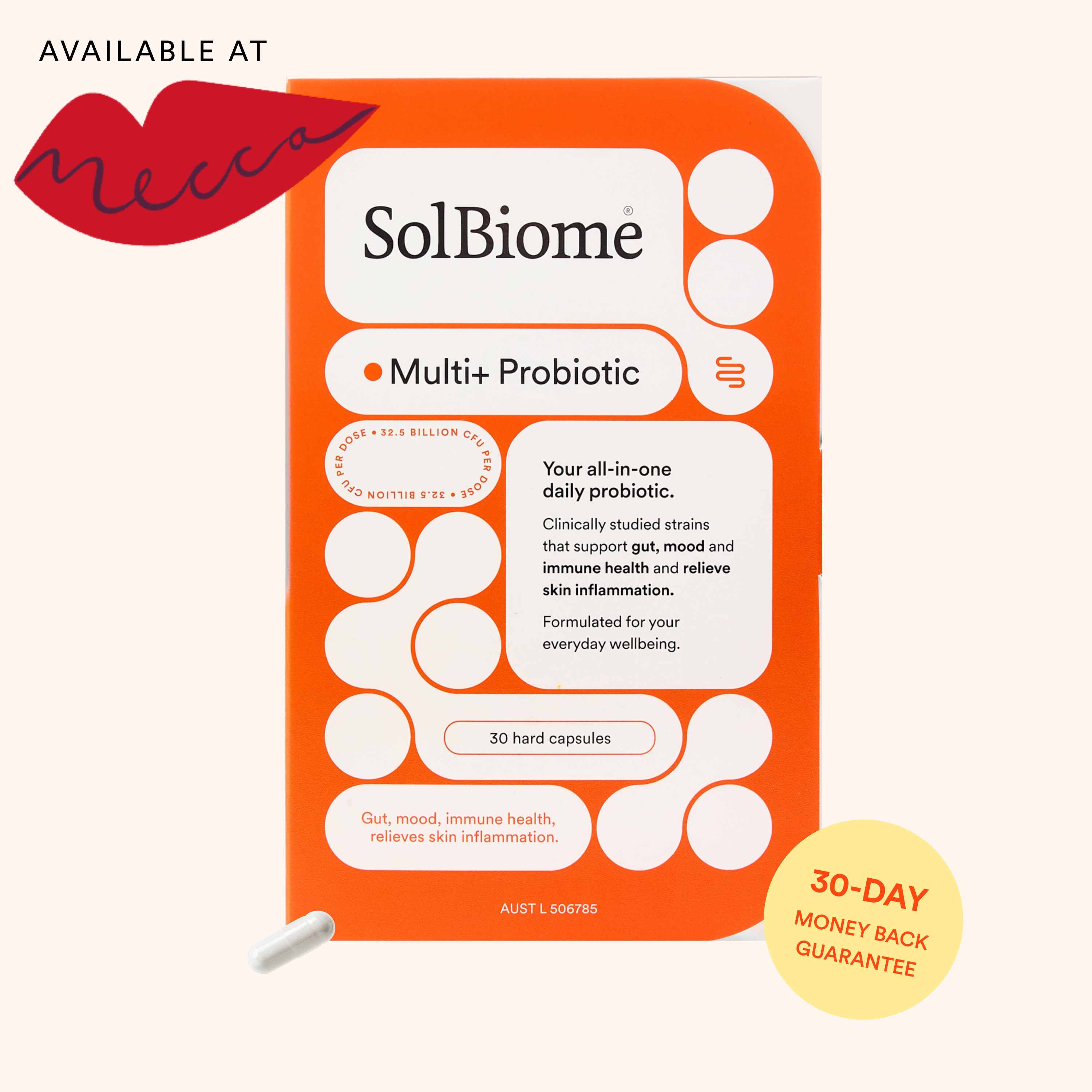 SolBiome Multi+ Probiotic packaging with Mecca logo on an orange background